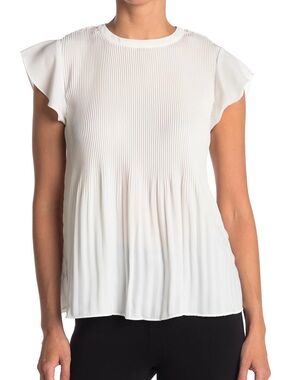 Adrianna Pappell White Pleated Flutter Sleeve Blouse Size L